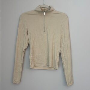 GAP Beige Ribbed Knit Quarter Zip Mockneck Long Sleeve Shirt Size Small